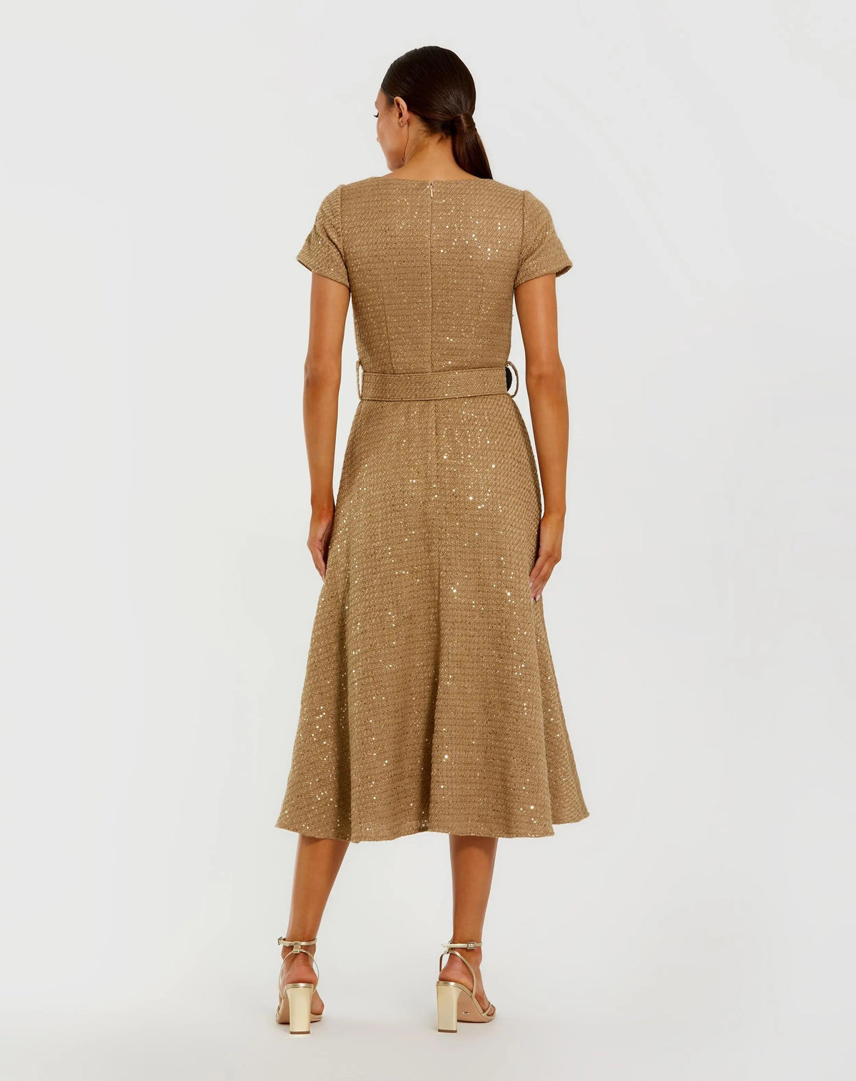 Mac Duggal Gold Boucle Cap Sleeve High Neck Button Up Midi Dress