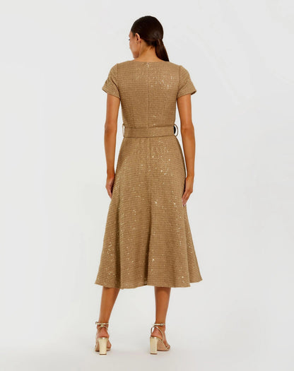 Mac Duggal Gold Boucle Cap Sleeve High Neck Button Up Midi Dress