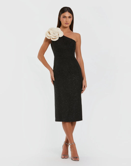 Mac Duggal Black One Shoulder Boucle Midi Dress With 3D Flower