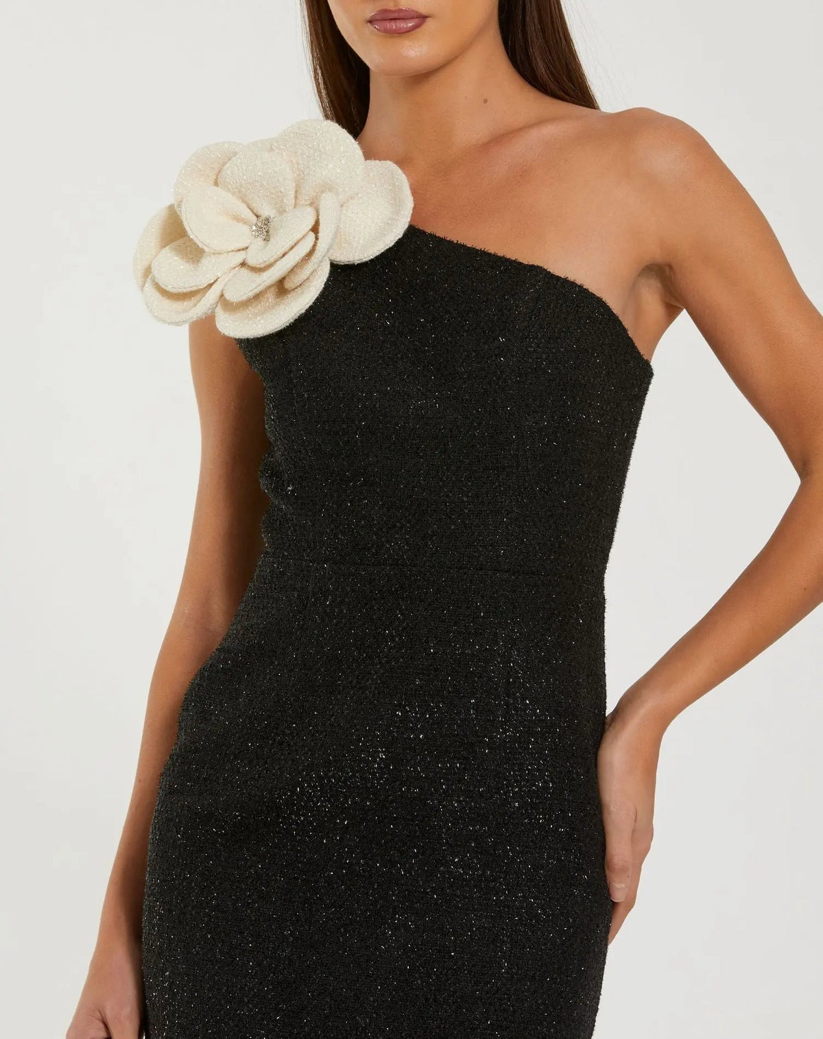 Mac Duggal Black One Shoulder Boucle Midi Dress With 3D Flower