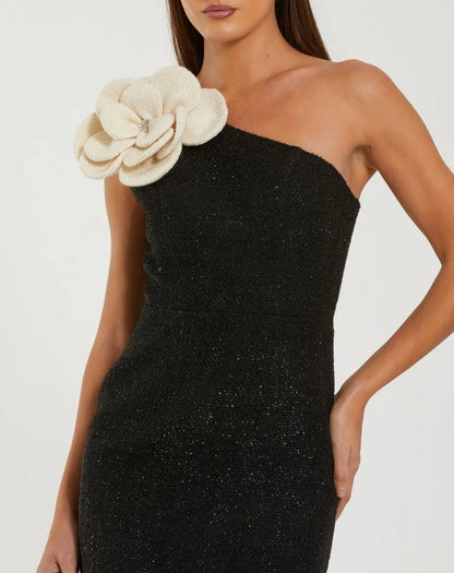 Mac Duggal Black One Shoulder Boucle Midi Dress With 3D Flower