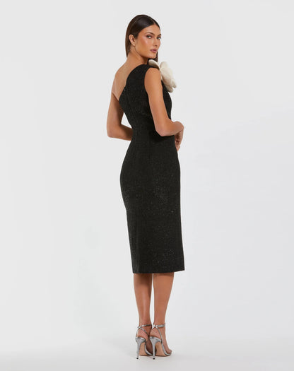 Mac Duggal Black One Shoulder Boucle Midi Dress With 3D Flower
