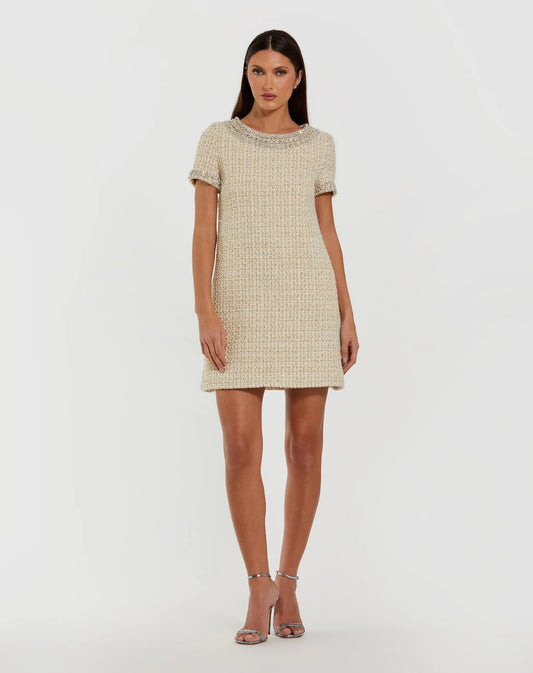 Mac Duggal Ivory Short Sleeve Embellished Boucle Mini Dress