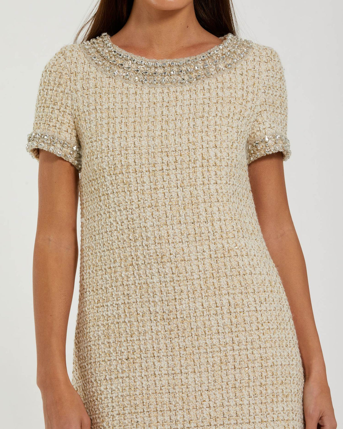 Mac Duggal Ivory Short Sleeve Embellished Boucle Mini Dress