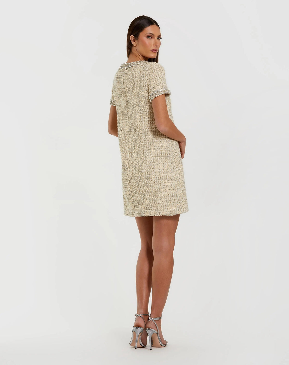Mac Duggal Ivory Short Sleeve Embellished Boucle Mini Dress