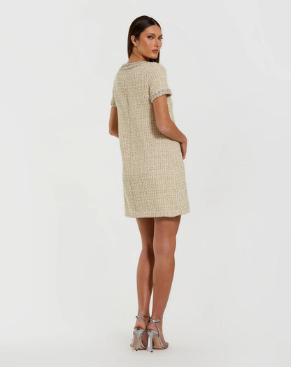 Mac Duggal Ivory Short Sleeve Embellished Boucle Mini Dress