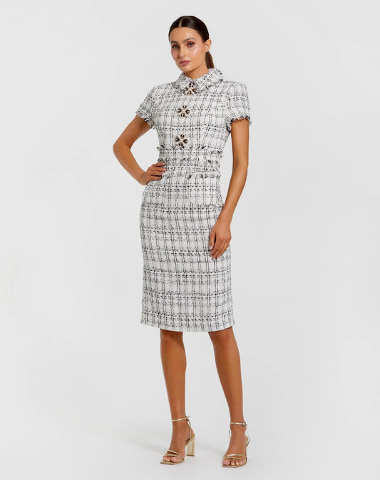 Mac Duggal White Fitted Boucle Short Sleeve Button Up Midi Dress