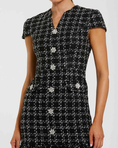 Mac Duggal Black Cap Sleeve Boucle A-Line Midi Dress