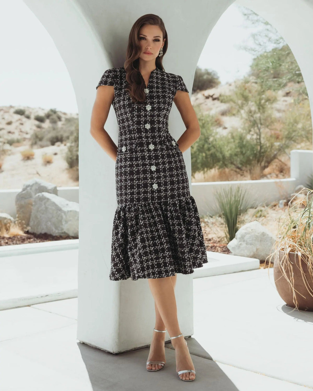 Mac Duggal Black Cap Sleeve Boucle A-Line Midi Dress
