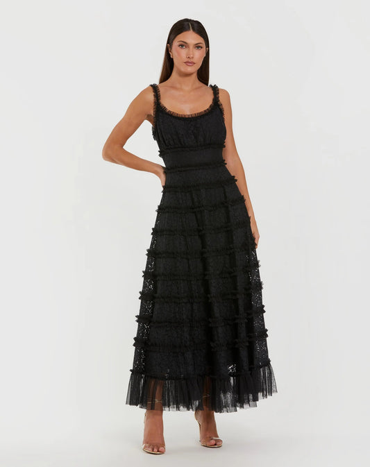 Mac Duggal Black Sleeveless Lace A Line Midi Dress With Ruffles