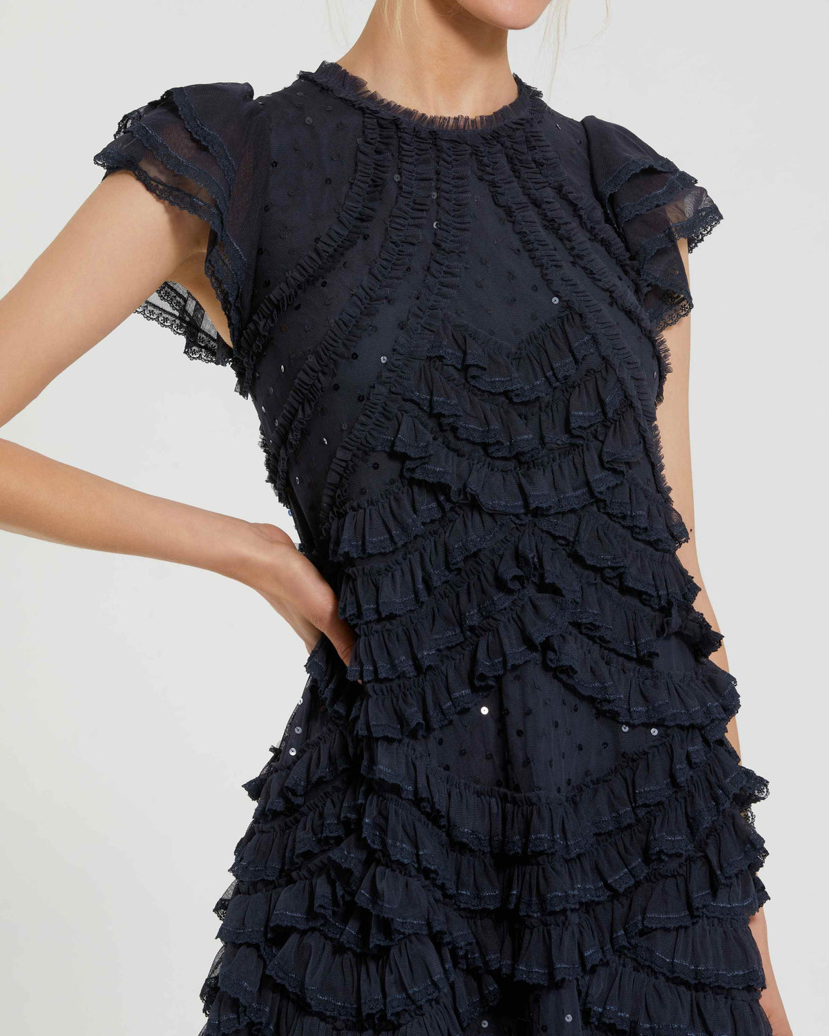 Mac Duggal Navy High Neck Cap Sleeve Ruffle Midi Dress