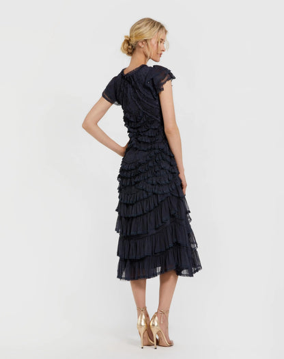 Mac Duggal Navy High Neck Cap Sleeve Ruffle Midi Dress
