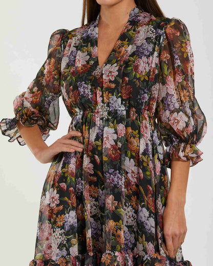 Mac Duggal Black Floral Chiffon Ruffle Midi Dress with 3/4 Sleeves