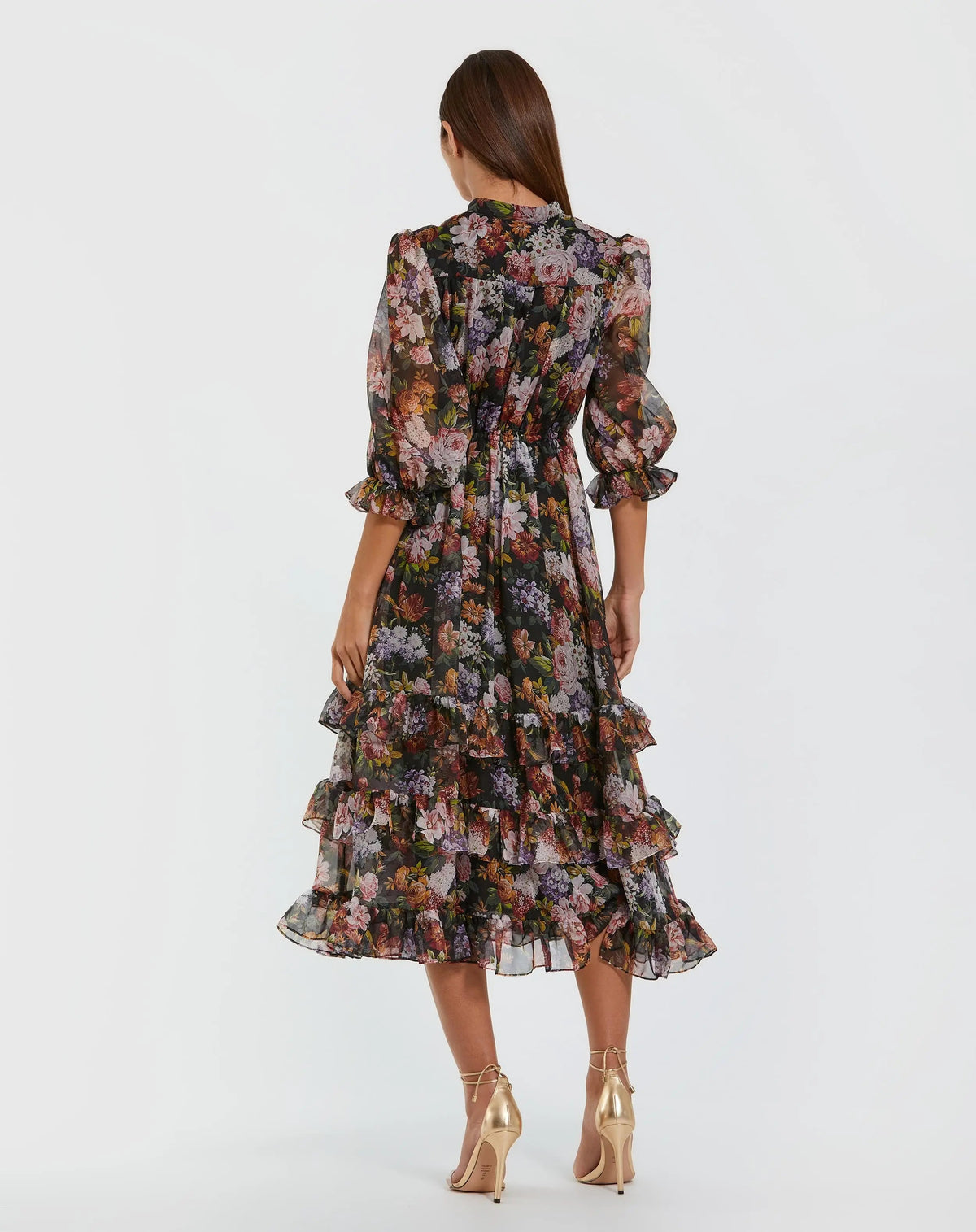Mac Duggal Black Floral Chiffon Ruffle Midi Dress with 3/4 Sleeves