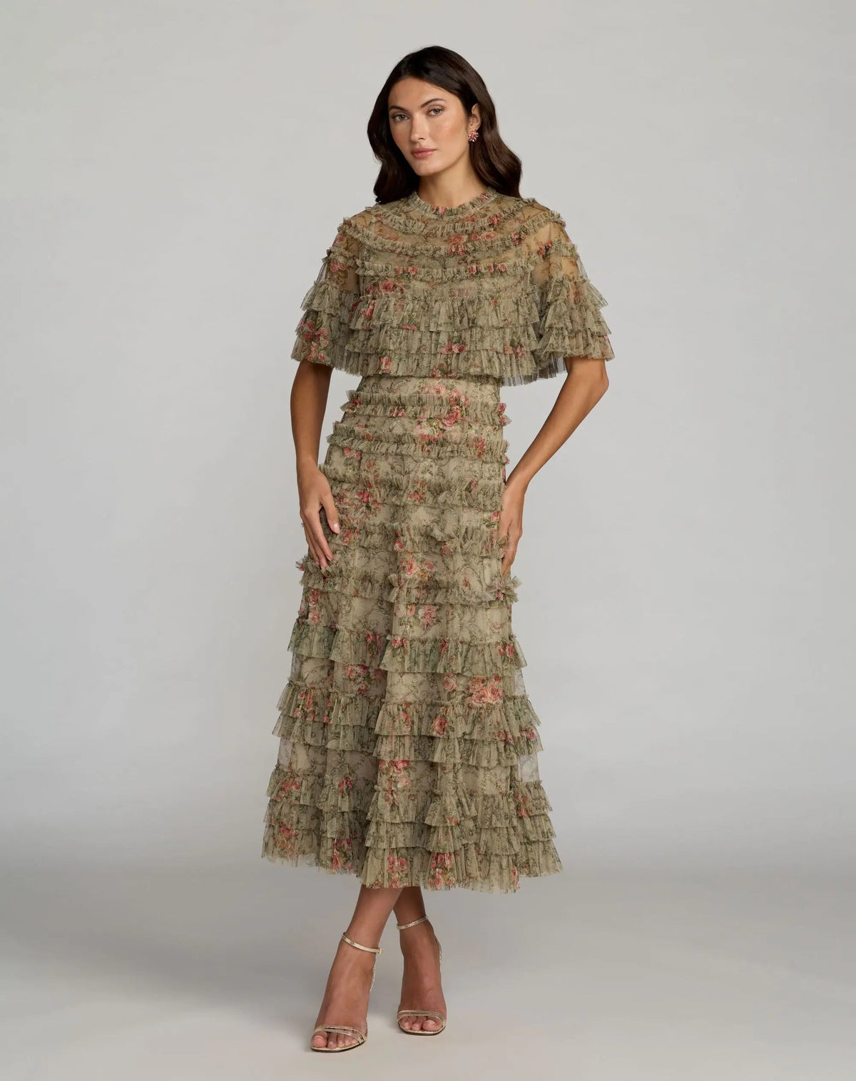 Mac Duggal Green Floral Mesh Ruffle Midi Dress With Shawl