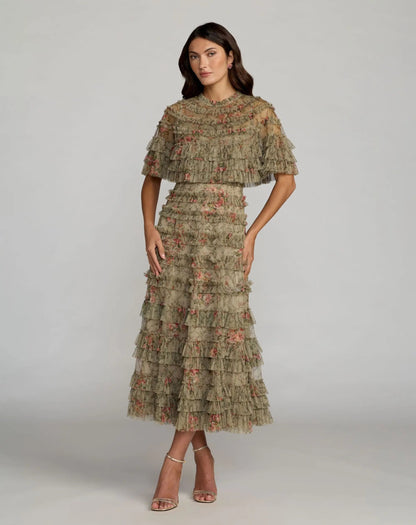 Mac Duggal Green Floral Mesh Ruffle Midi Dress With Shawl