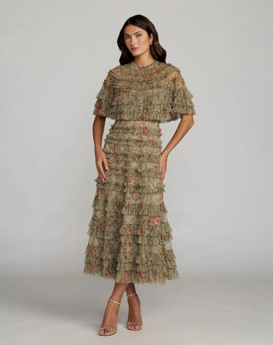 Mac Duggal Green Floral Mesh Ruffle Midi Dress With Shawl