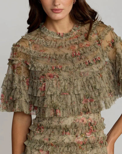 Mac Duggal Green Floral Mesh Ruffle Midi Dress With Shawl