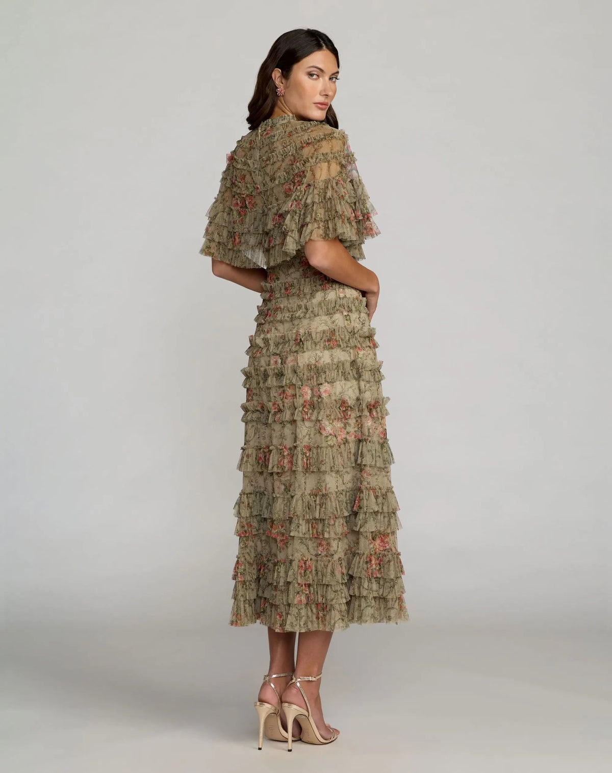 Mac Duggal Green Floral Mesh Ruffle Midi Dress With Shawl