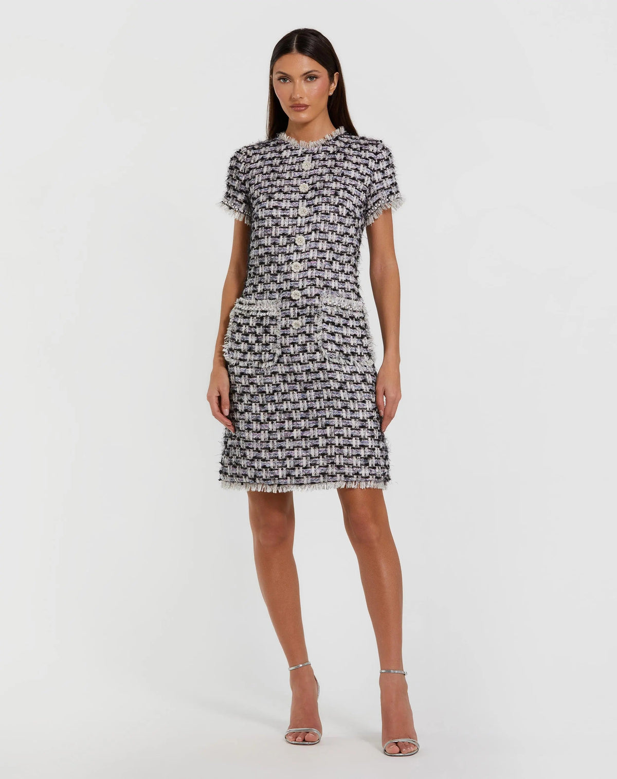 Mac Duggal Black Multicolor Cap Sleeve Floral Button Detail Shift Dress