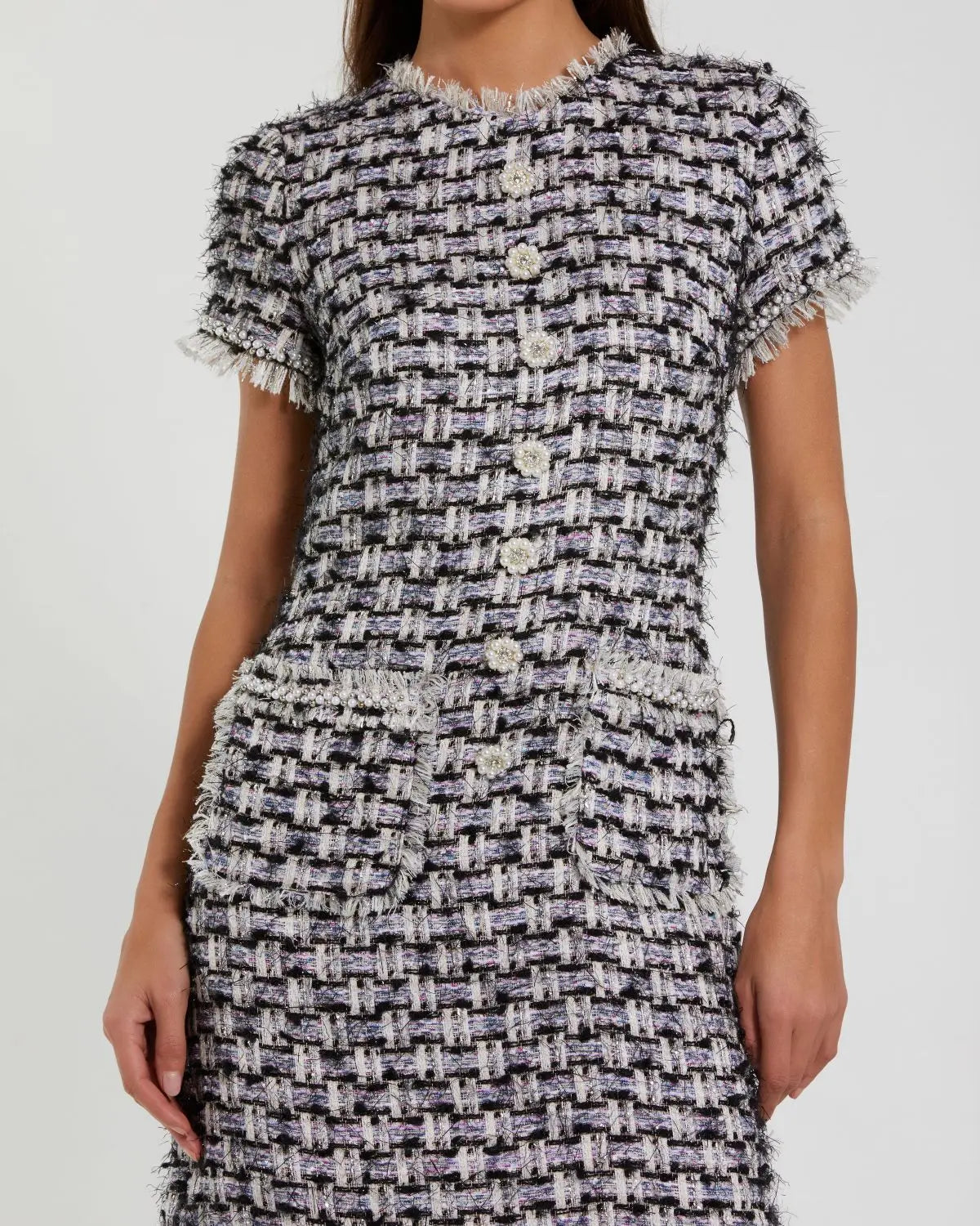 Mac Duggal Black Multicolor Cap Sleeve Floral Button Detail Shift Dress