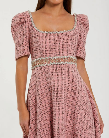 Mac Duggal Puff Sleeve Boucle Midi Dress With Beaded Belt