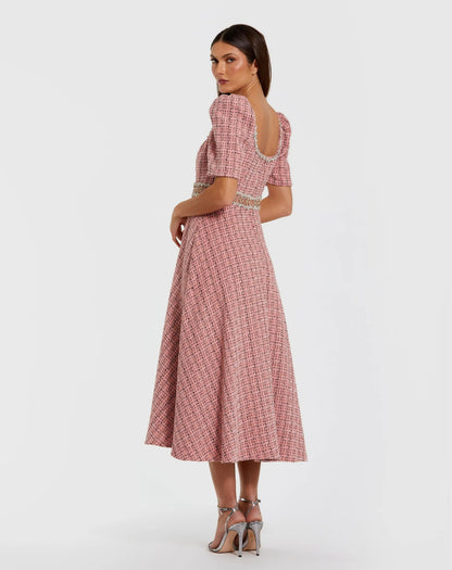 Mac Duggal Puff Sleeve Boucle Midi Dress With Beaded Belt