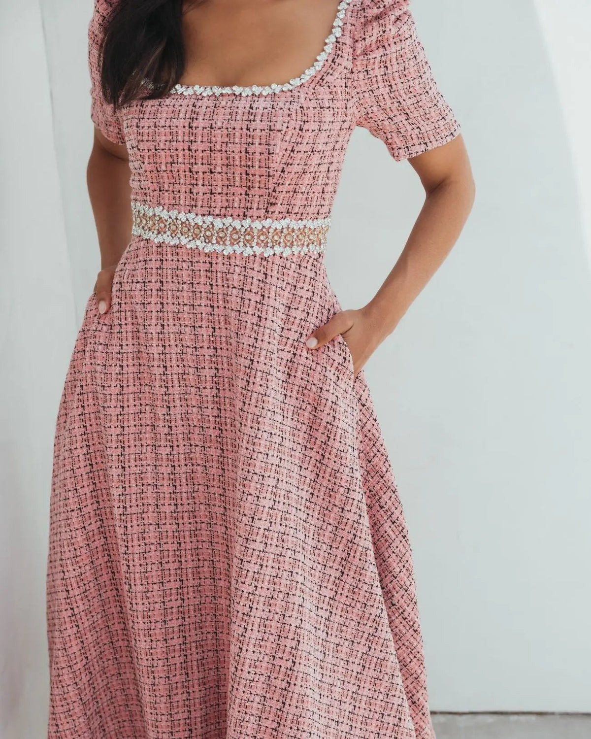 Mac Duggal Puff Sleeve Boucle Midi Dress With Beaded Belt