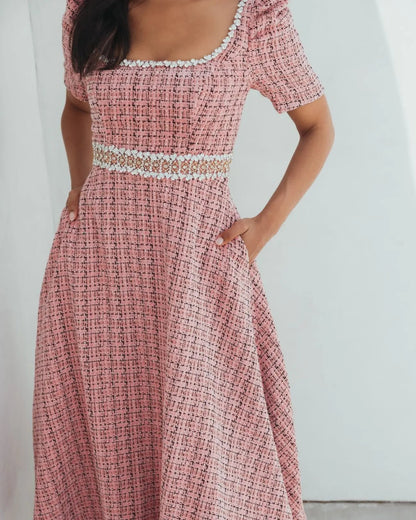 Mac Duggal Puff Sleeve Boucle Midi Dress With Beaded Belt