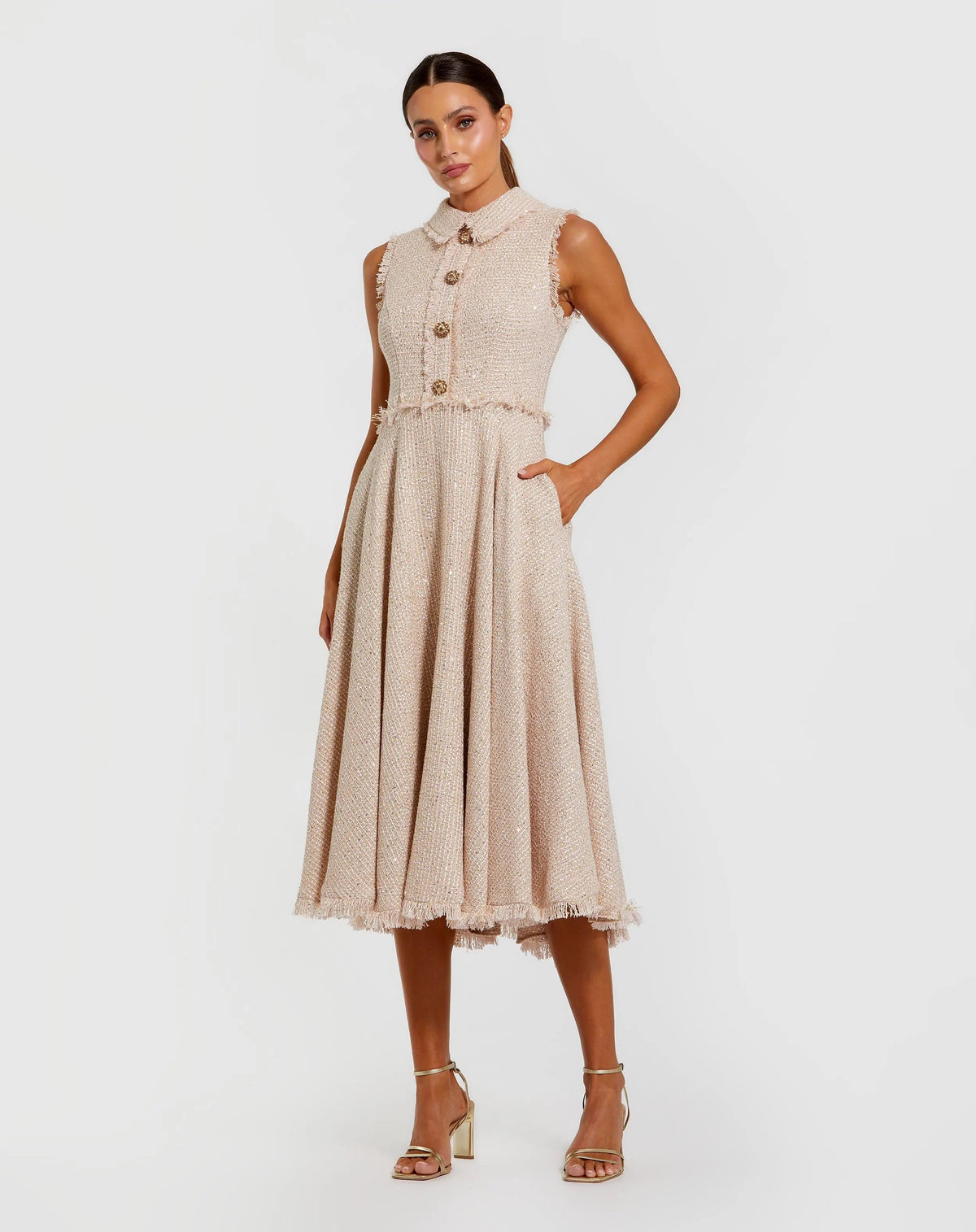 Mac Duggal Pink Boucle Sleeveless Collared Button Up Midi Dress