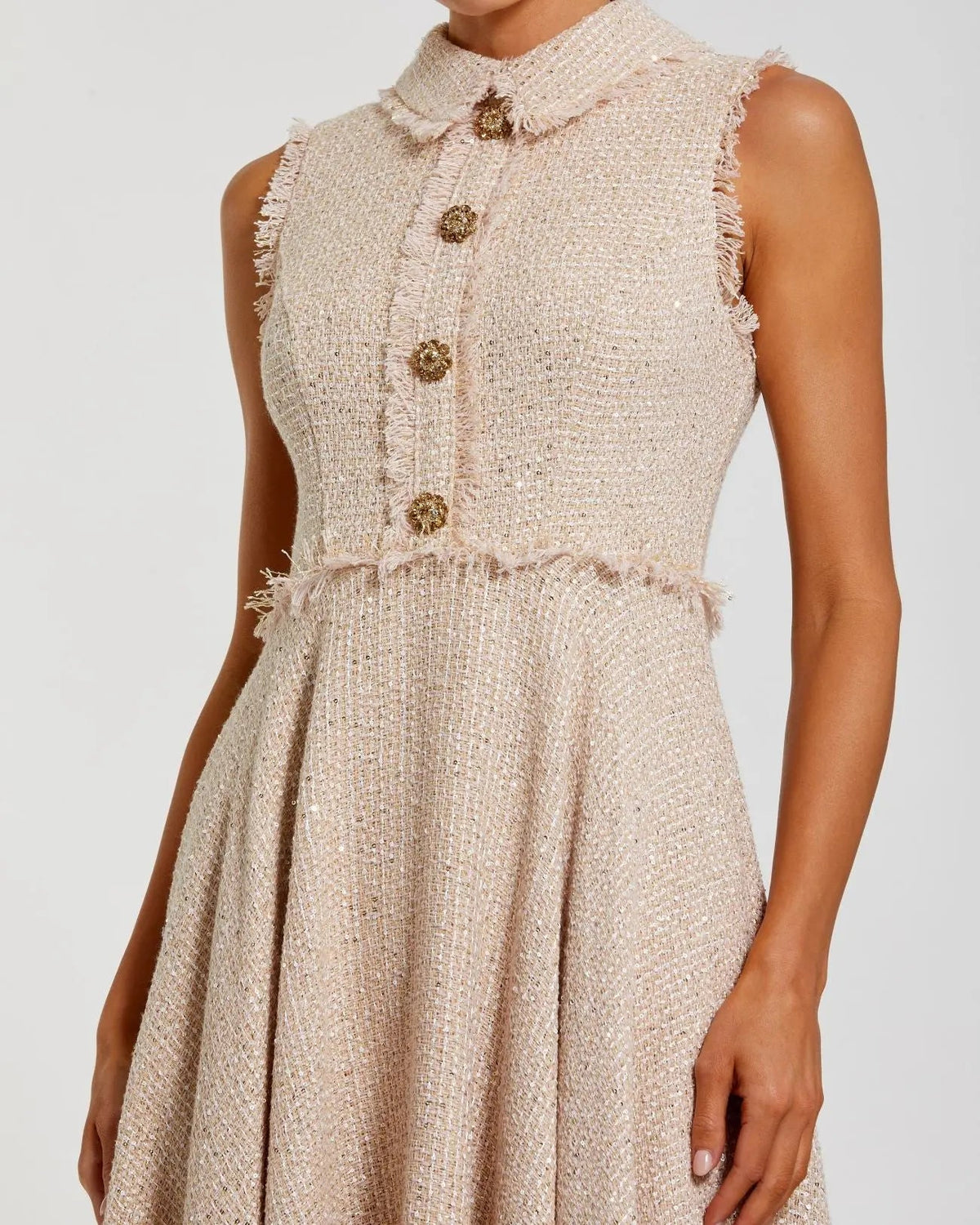 Mac Duggal Pink Boucle Sleeveless Collared Button Up Midi Dress