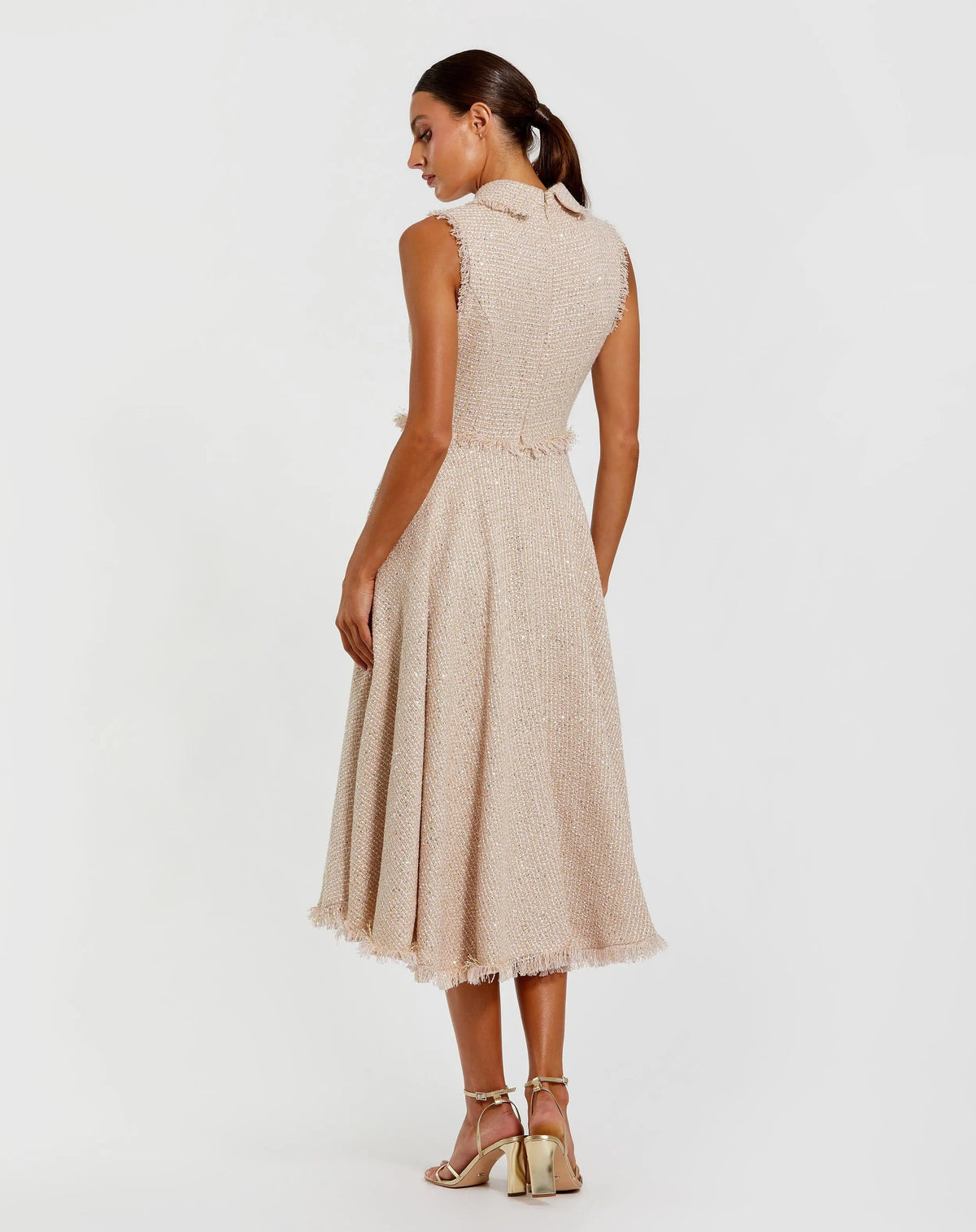 Mac Duggal Pink Boucle Sleeveless Collared Button Up Midi Dress