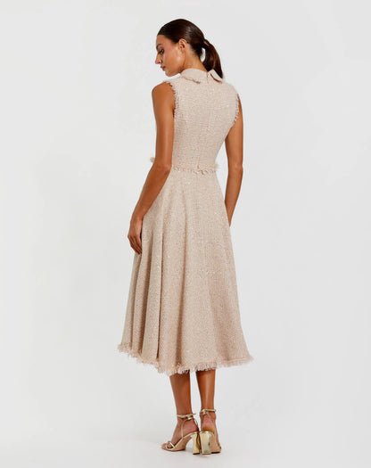 Mac Duggal Pink Boucle Sleeveless Collared Button Up Midi Dress