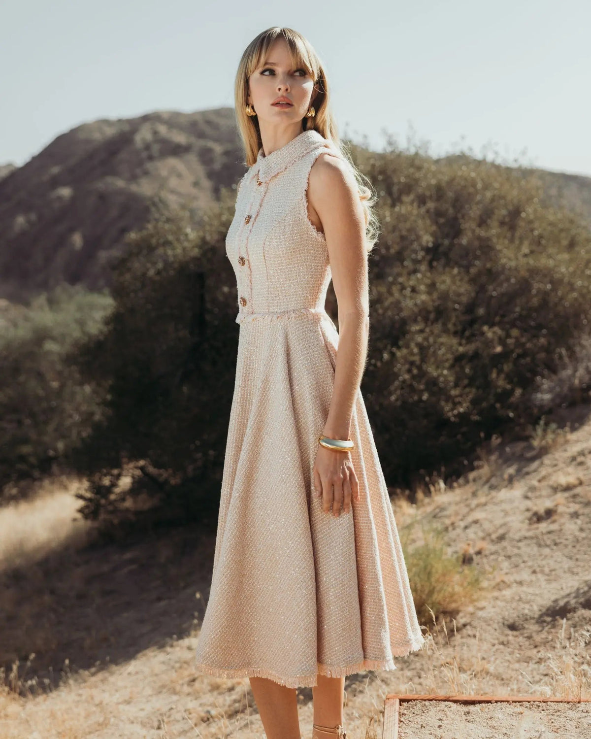 Mac Duggal Pink Boucle Sleeveless Collared Button Up Midi Dress