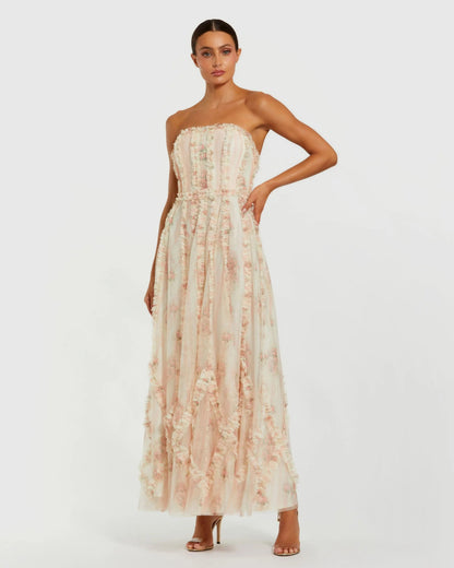 Mac Duggal Pink and White Strapless Floral Ruffle Dress