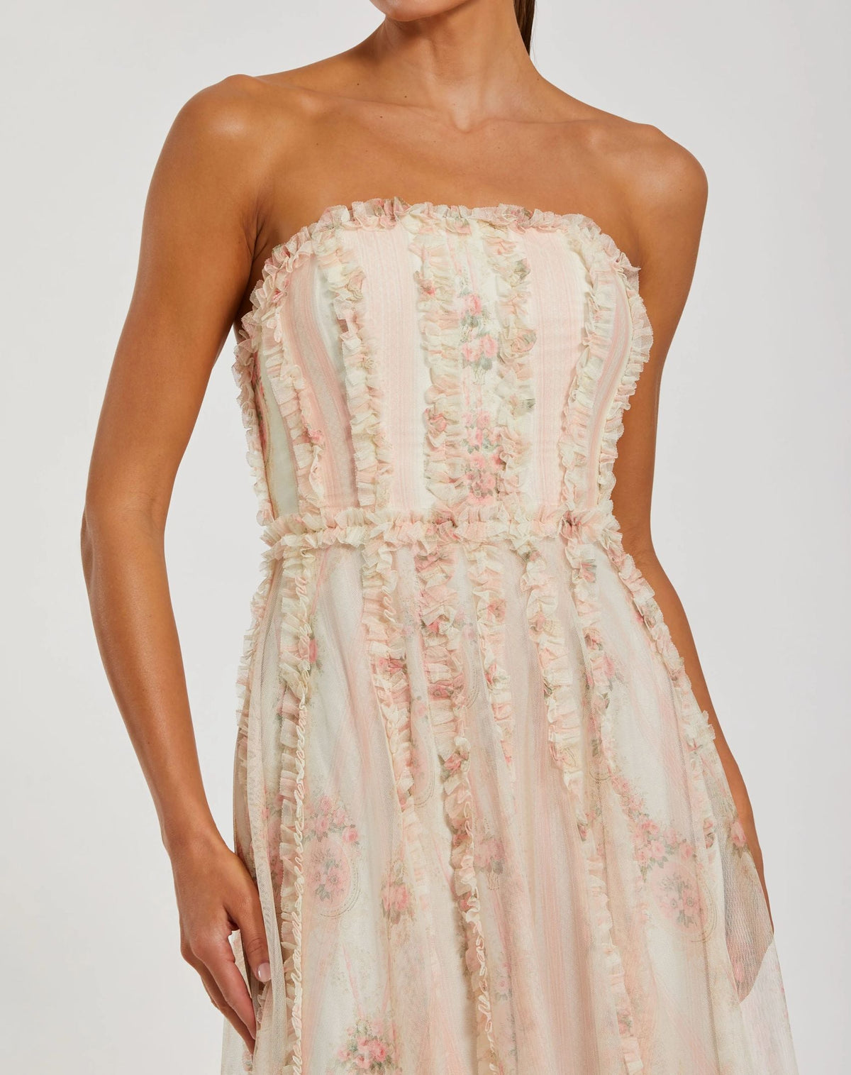 Mac Duggal Pink and White Strapless Floral Ruffle Dress