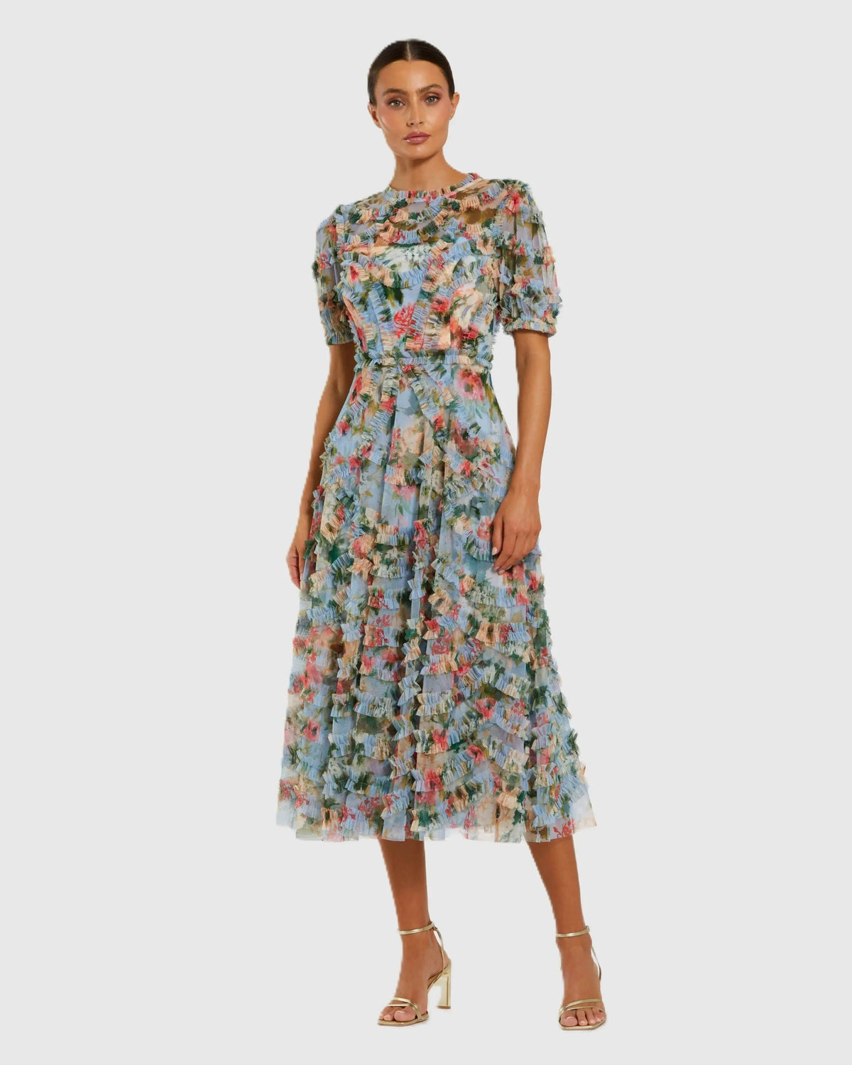 Mac Duggal Blue Floral Mesh Ruffle High Neck Midi Dress