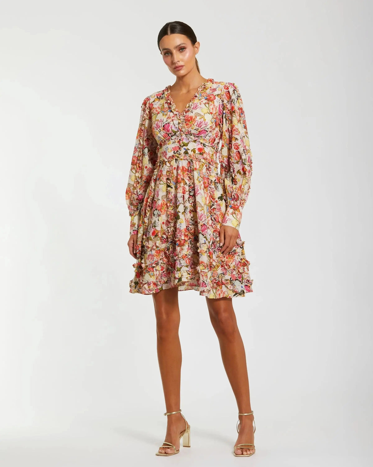 Mac Duggal Multicolor Ruffle Floral V Neck Cotton Mini Dress