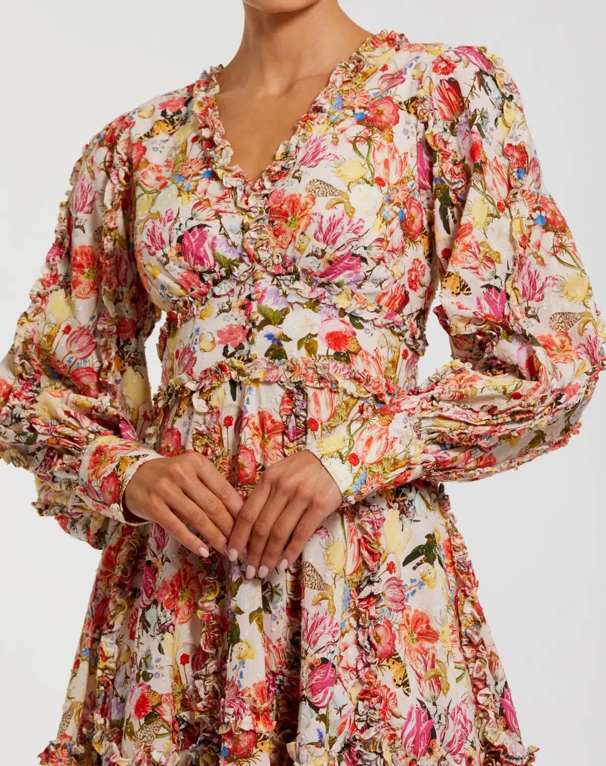 Mac Duggal Multicolor Ruffle Floral V Neck Cotton Mini Dress