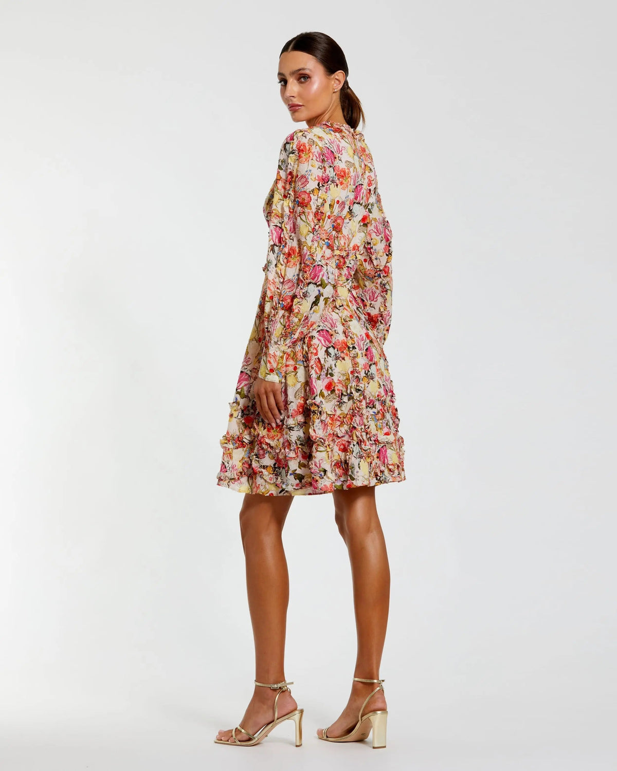 Mac Duggal Multicolor Ruffle Floral V Neck Cotton Mini Dress
