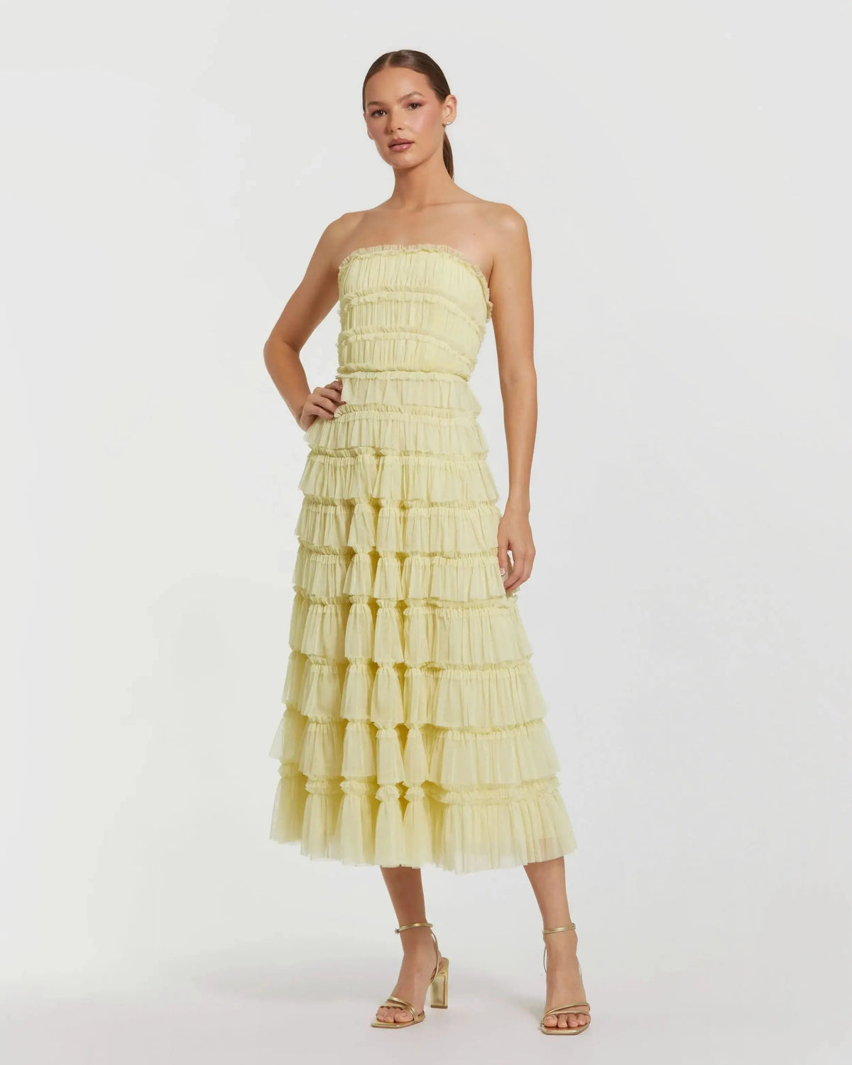Mac Duggal Yellow Micro Ruffle Strapless Midi Dress