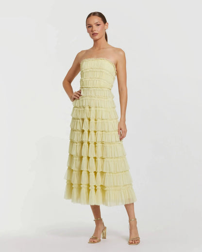 Mac Duggal Yellow Micro Ruffle Strapless Midi Dress