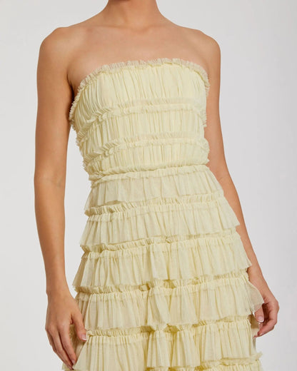 Mac Duggal Yellow Micro Ruffle Strapless Midi Dress