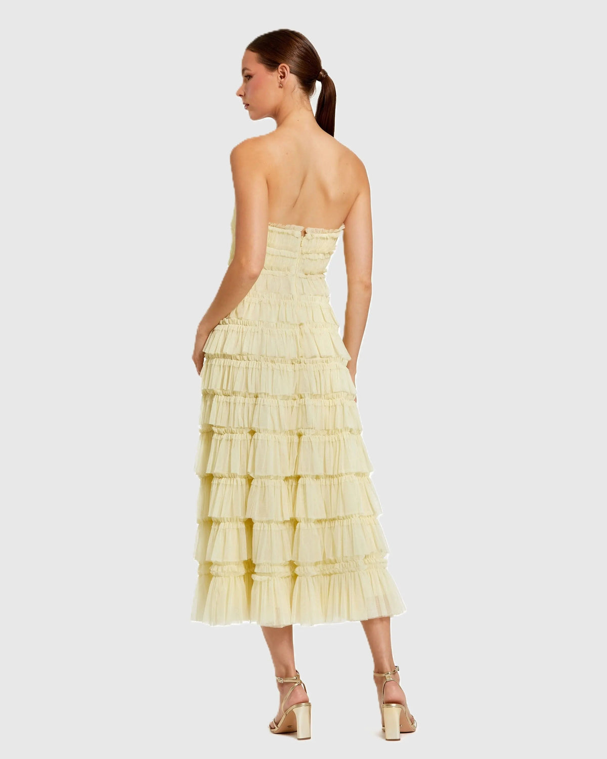 Mac Duggal Yellow Micro Ruffle Strapless Midi Dress