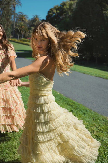 Mac Duggal Yellow Micro Ruffle Strapless Midi Dress