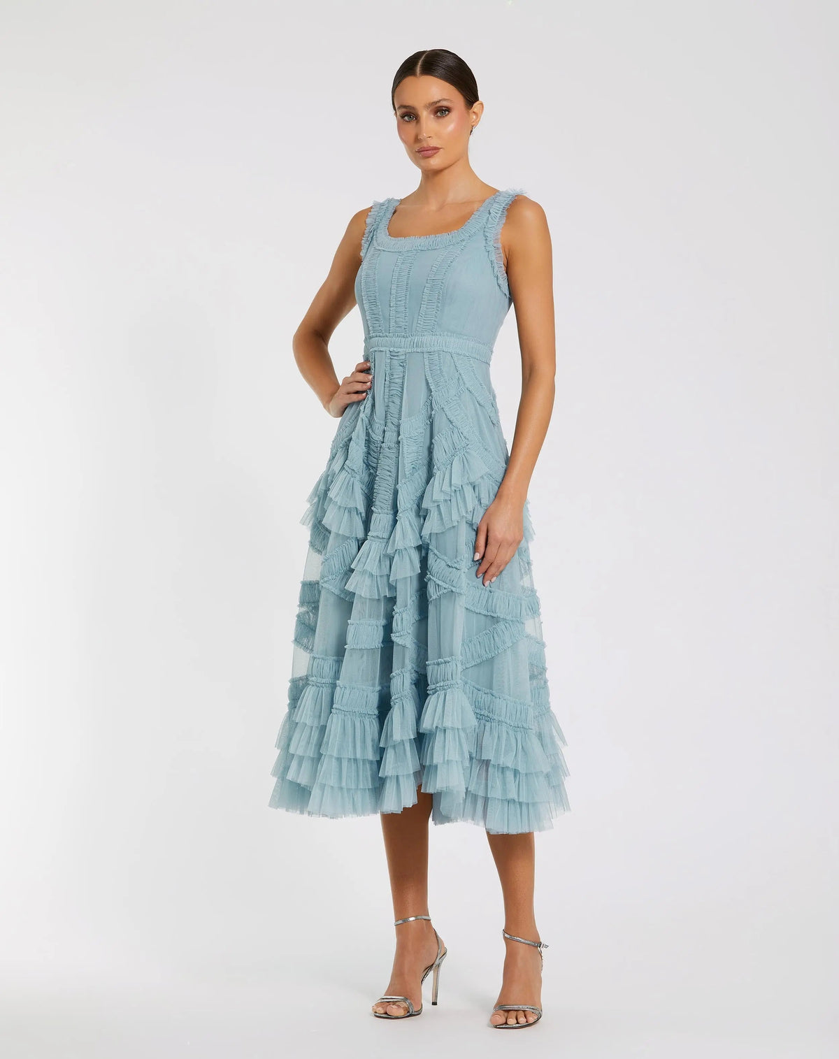 Mac Duggal Blue Scoop Neck Sleeveless A-Line Ruffle Midi Dress
