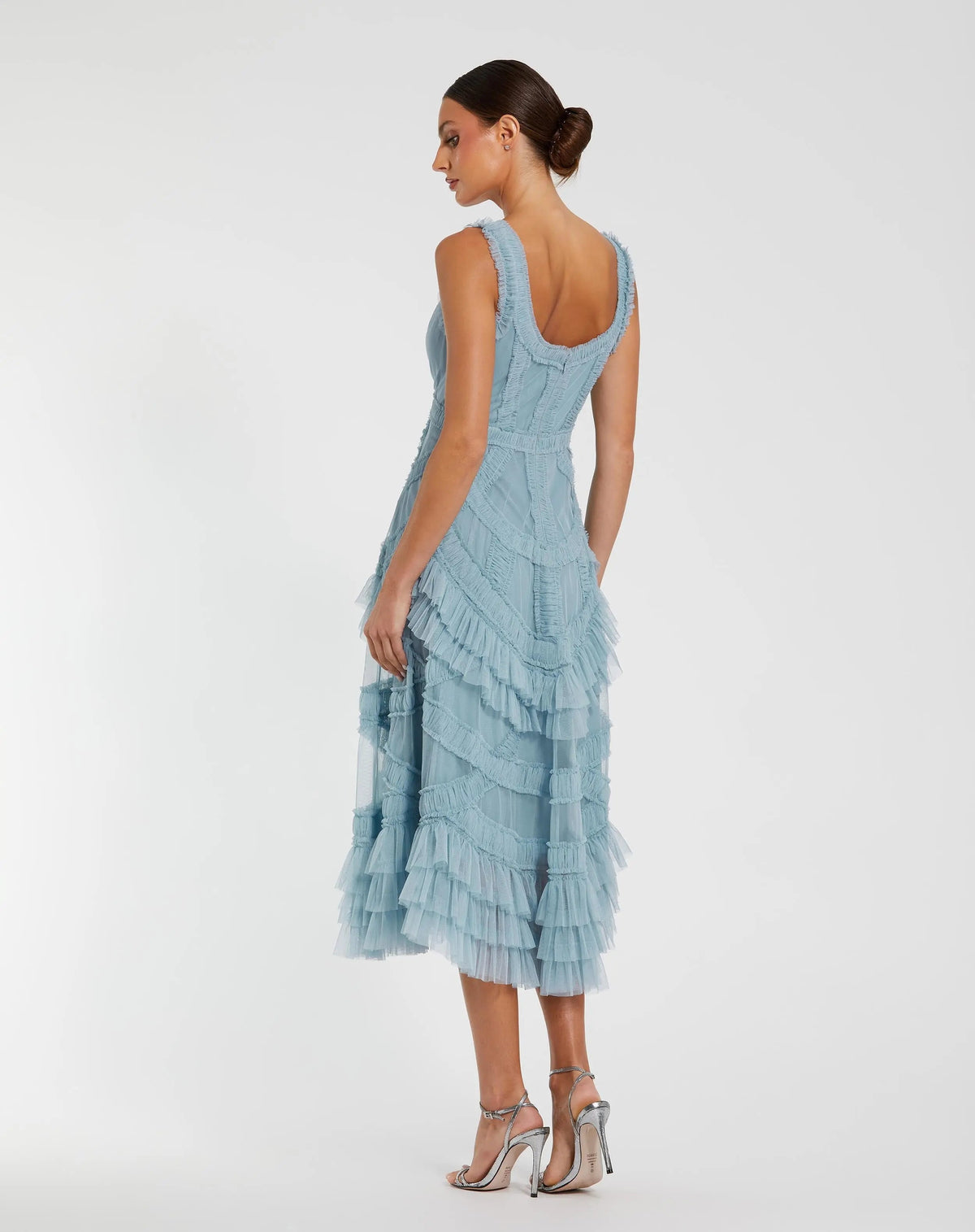 Mac Duggal Blue Scoop Neck Sleeveless A-Line Ruffle Midi Dress