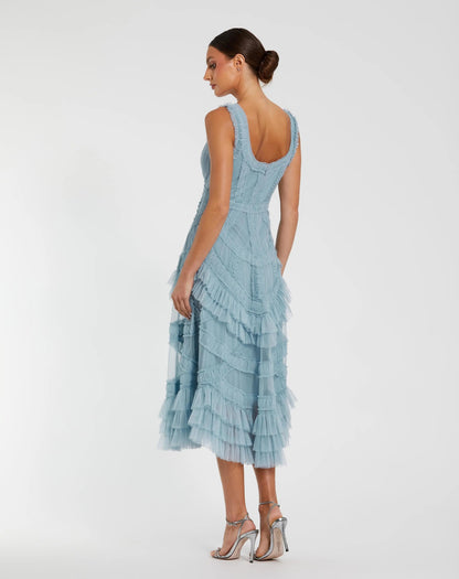 Mac Duggal Blue Scoop Neck Sleeveless A-Line Ruffle Midi Dress