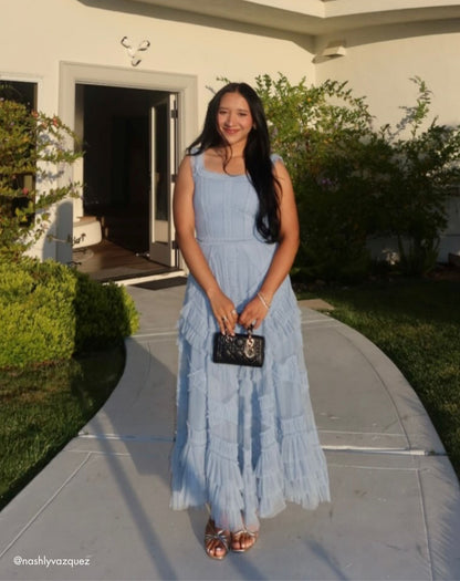 Mac Duggal Blue Scoop Neck Sleeveless A-Line Ruffle Midi Dress