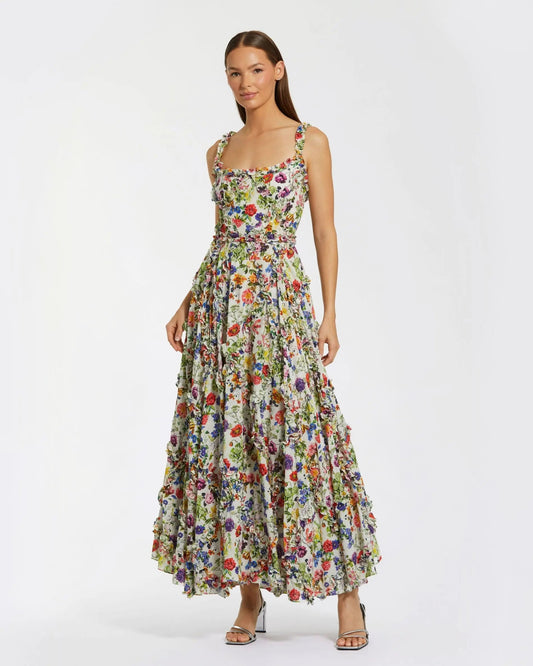 Mac Duggal Multicolor Ruffle Scoop Neck Floral A-Line Dress